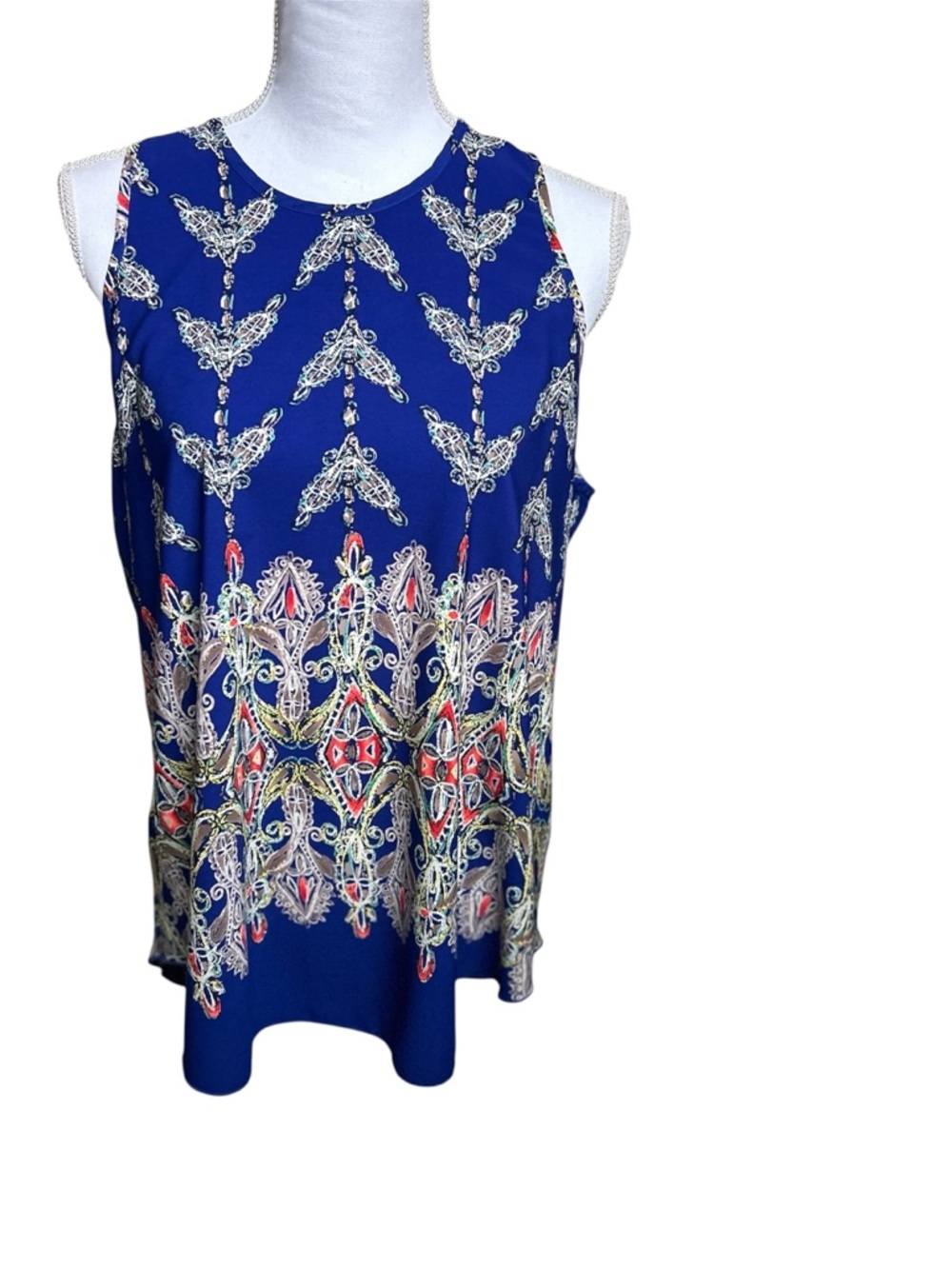 Allison Joy Royal Blue Sleeveless Printed Tank with Cream & Red Motif